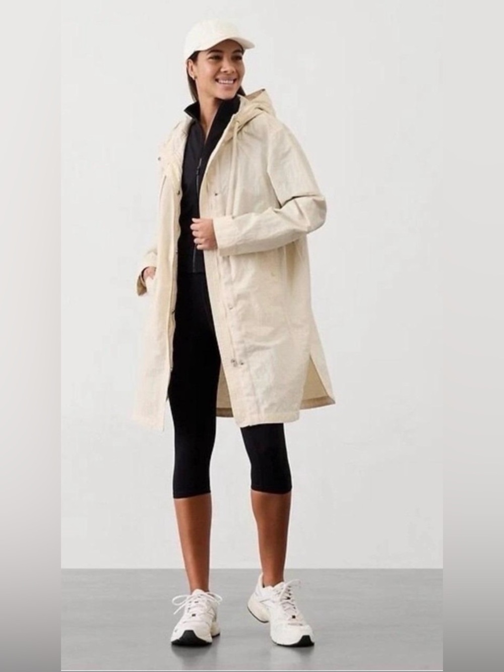 Athleta Everywhere Anorak Jacket Cream Beige Hooded Long Windbreaker XL